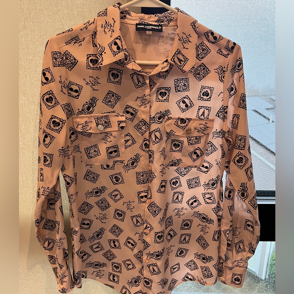 KARL LAGERFELD Ladies Signature Blouse / Shirt ~ "From Paris, Love Karl" Size XS